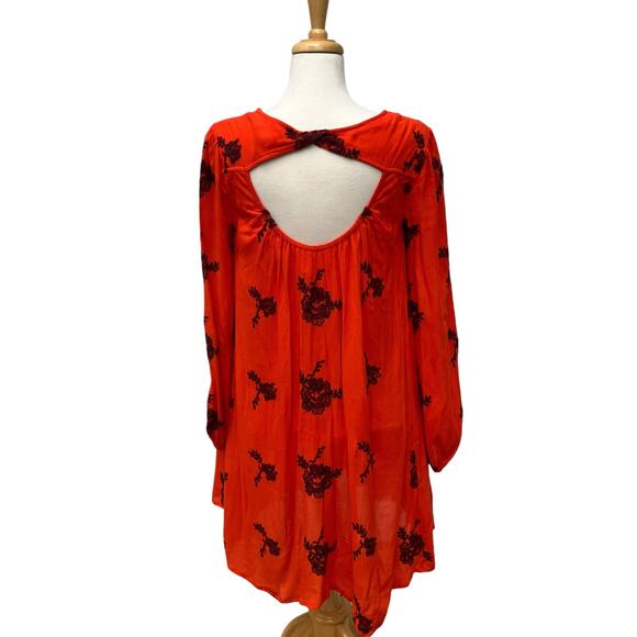 Free People Emma Swing Mini Dress Sz Sm Orange Embroidered Floral Boho Fall - Picture 6 of 13